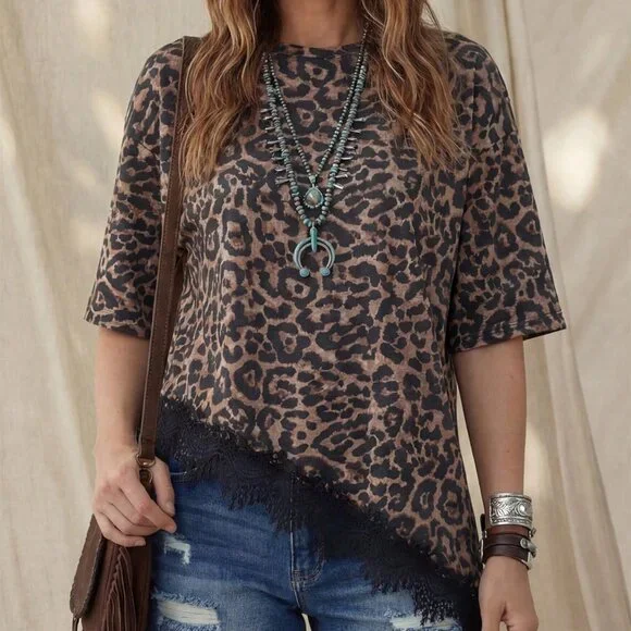 Multicolor Casual Women's Leopard Print Lace Patchwork Short Sleeve T-Shirt - Picture 9 of 9